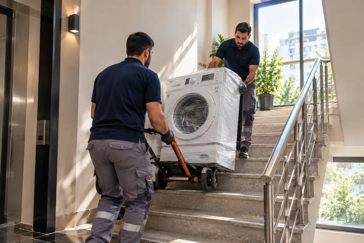 Taşıma ekibi çamaşır makinesini merdivenden indiriyor